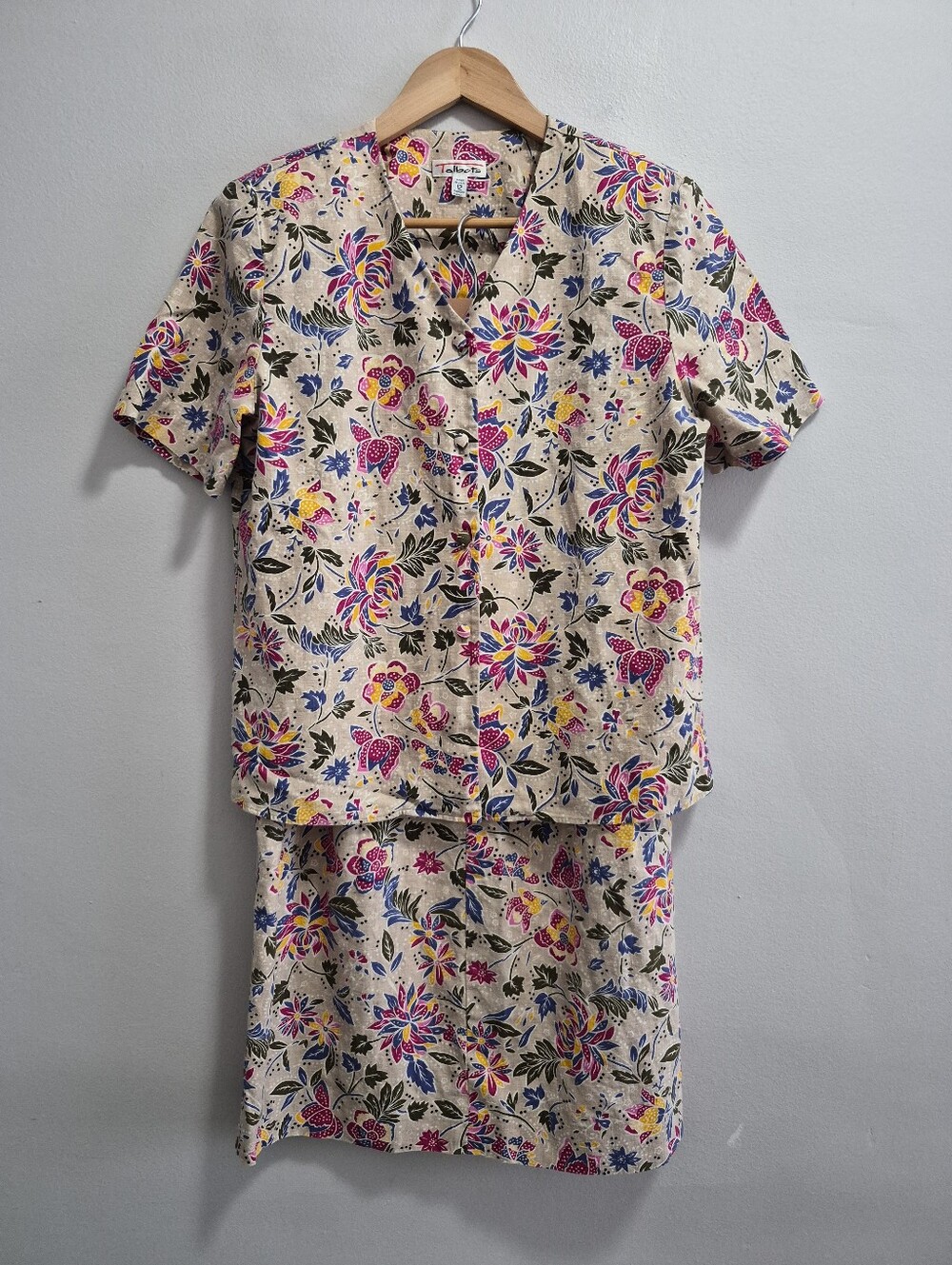Talbots Vintage 90s Floral Linen Cotton Top and Midi Skirt Set Size 12/14